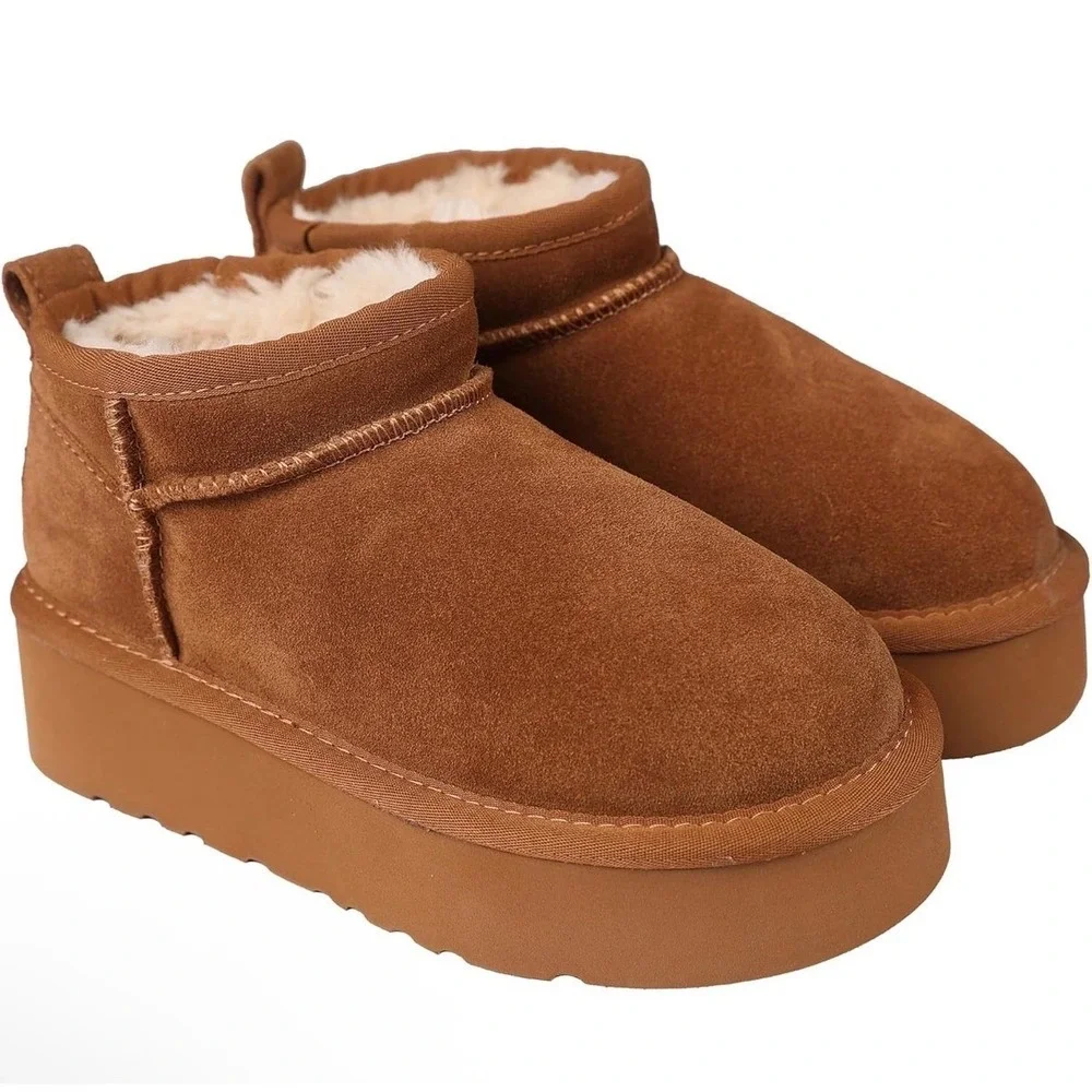 Lamo Ellie Youth Kids Platform Boots Chestnut Suede Faux Fur Ankle Boot Size 2Y